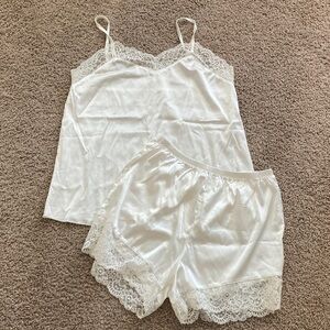 NWOT Satin Lace Sleeveless Pajama Short Set Soft White/Ivory